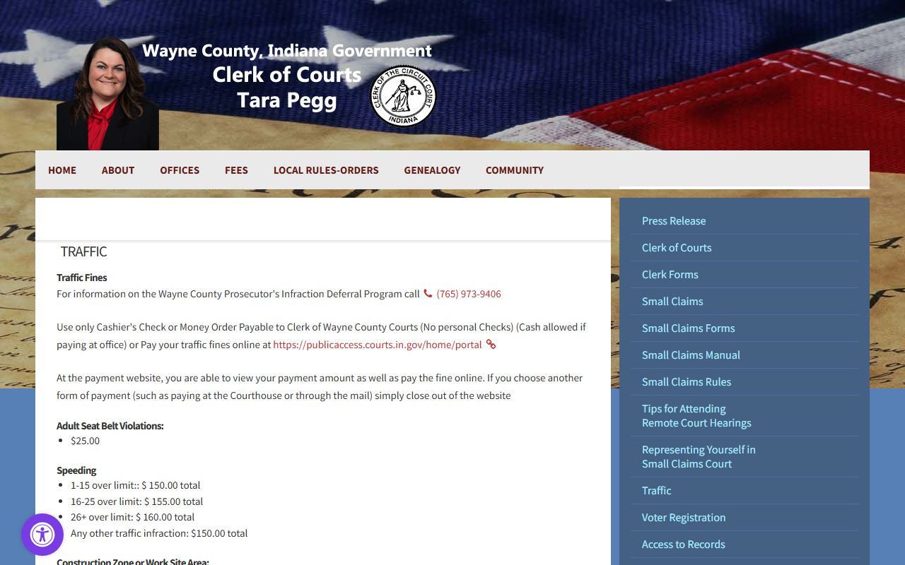 Wayne County Clerk small claims and traffic case information page