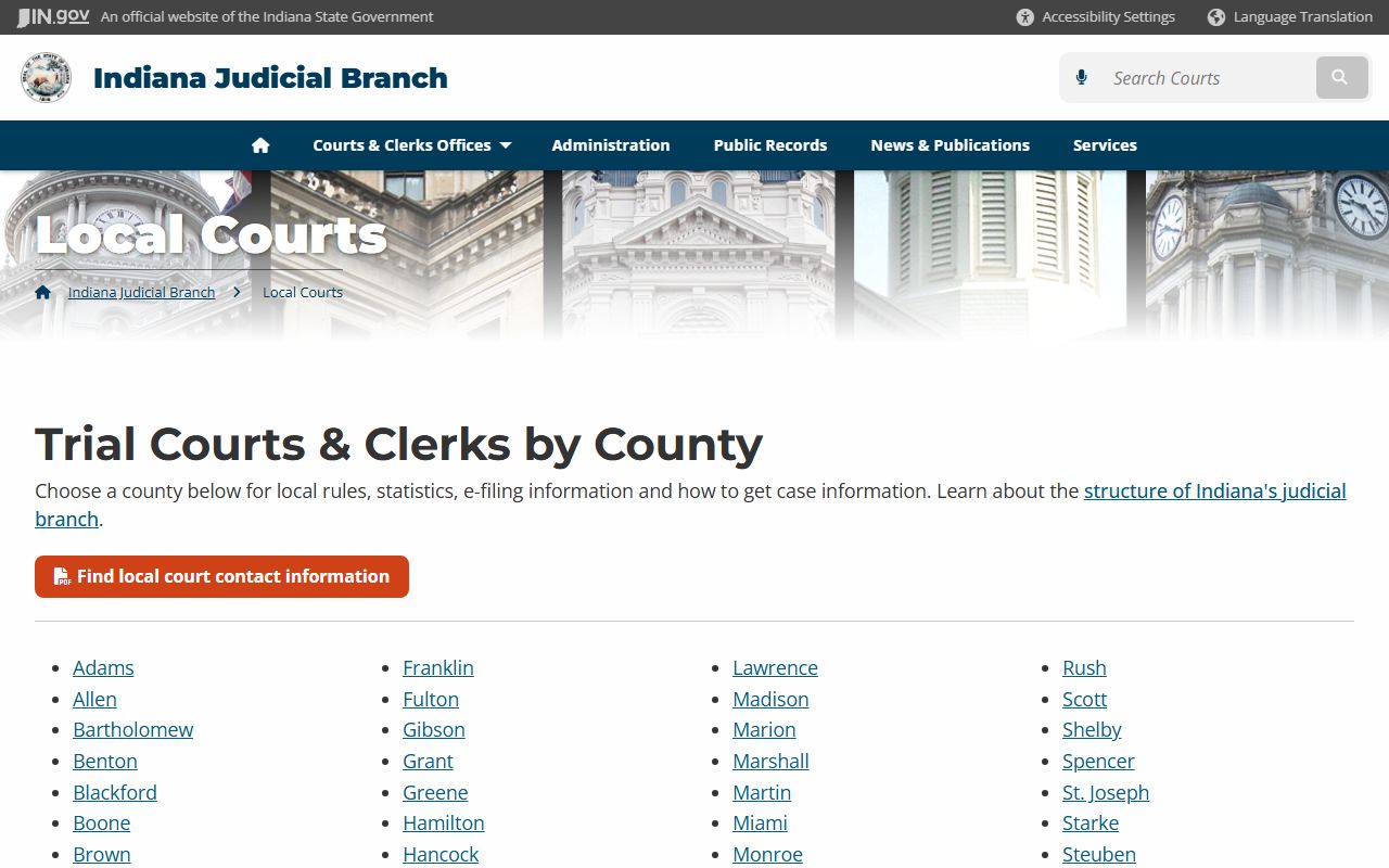 Indiana local courts directory for finding county court and clerk contact information