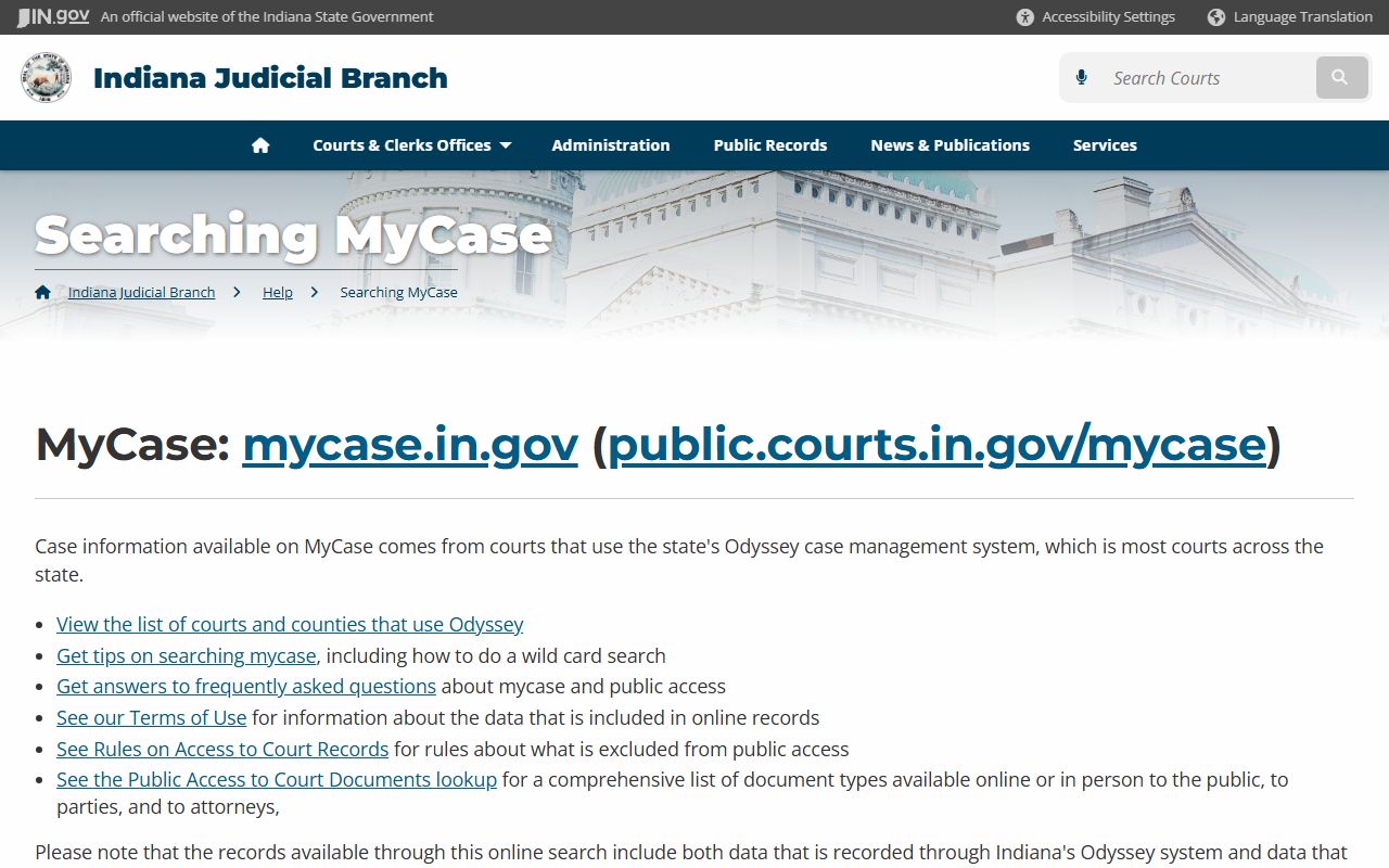 Indiana MyCase help page with tips for searching traffic ticket records