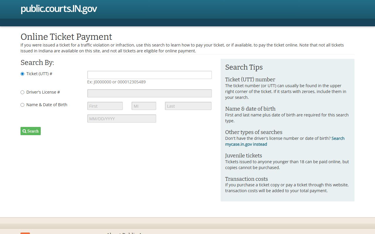 Indiana statewide court payment portal where drivers can pay traffic fines online for counties including Steuben
