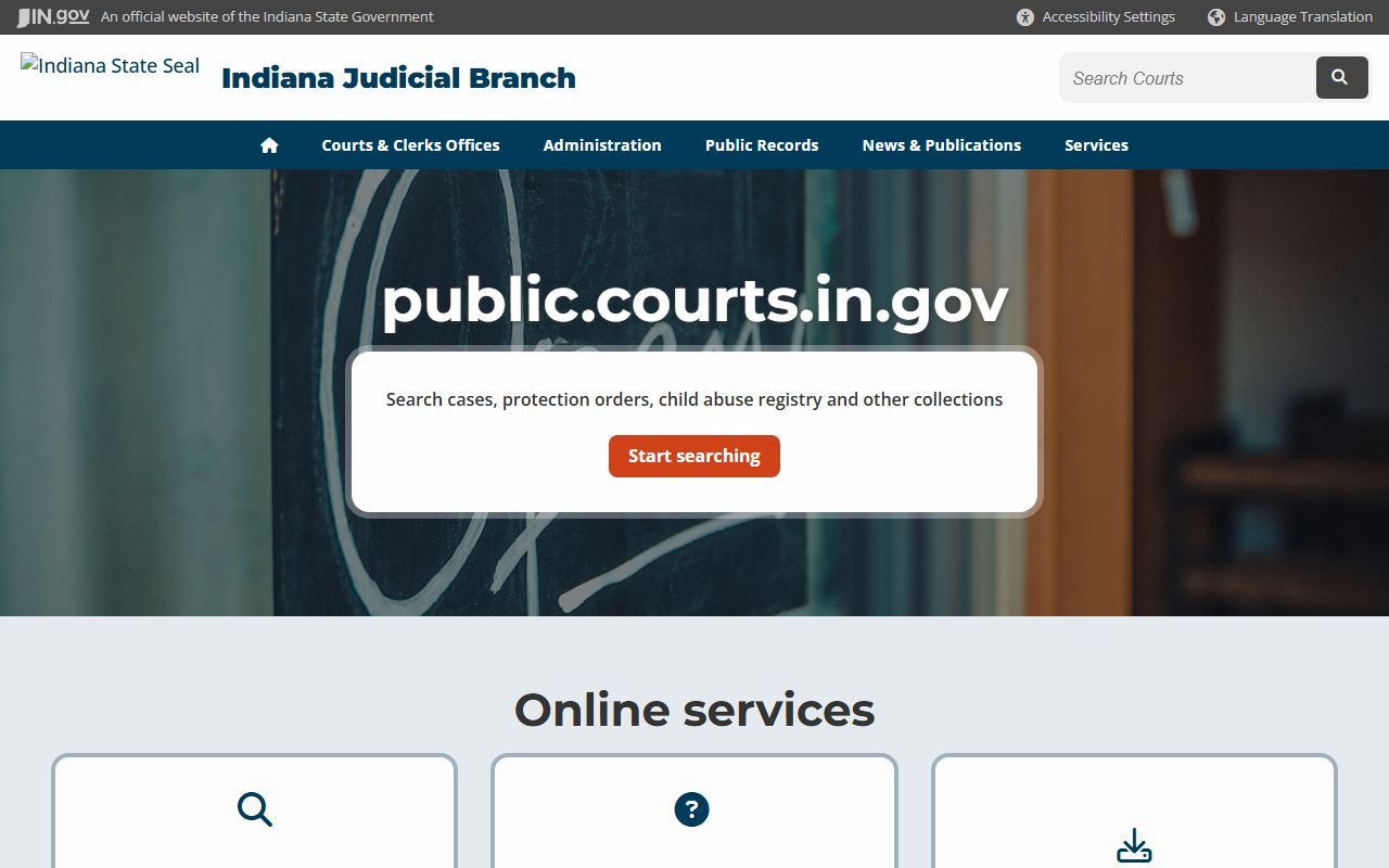 Indiana Courts public records page explaining access to traffic ticket and court records
